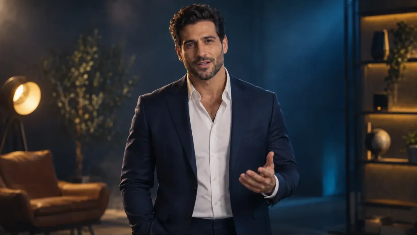 פרזנטור AI בחליפה מודרנית מדבר מול המצלמה בסטודיו מואר