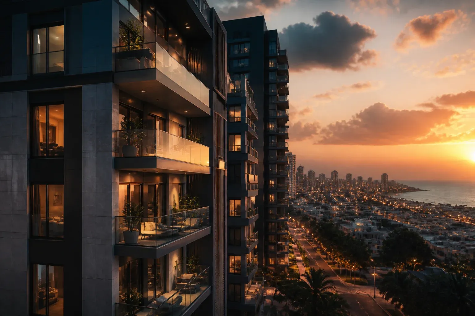 בנייני מגורים חדשים בשקיעה עם מרפסות מוארות ונוף עירוני