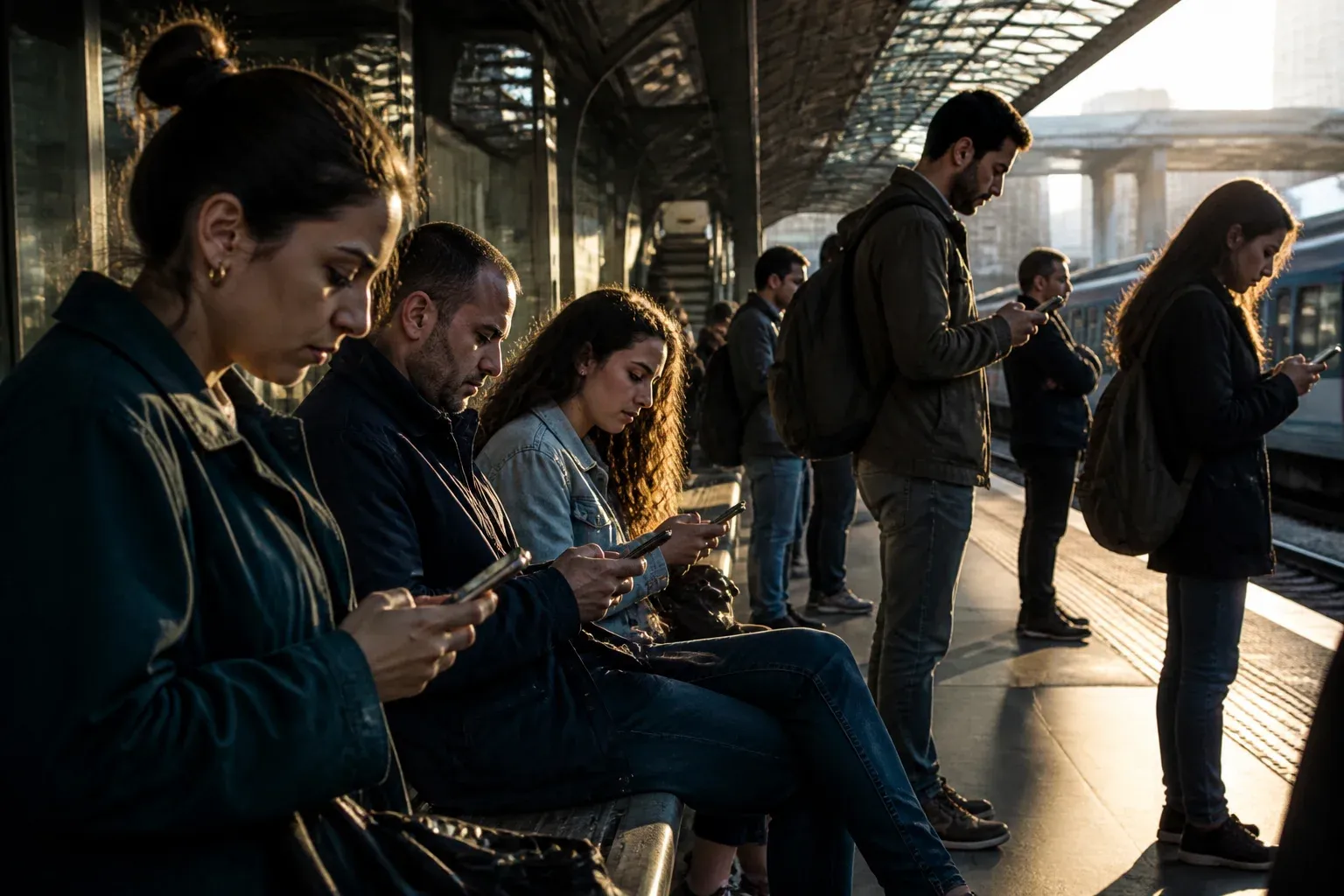 צעירים ומבוגרים צופים בסרטונים קצרים בטלפונים בתחנת רכבת עירונית