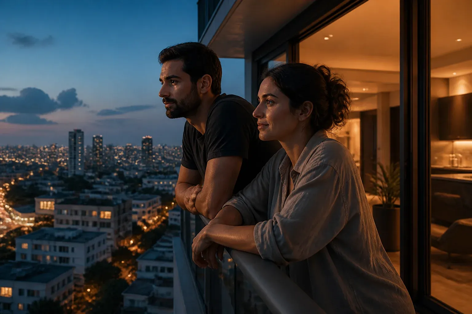 זוג צעיר עומד במרפסת של דירה חדשה ומביט על הנוף בשעת ערב