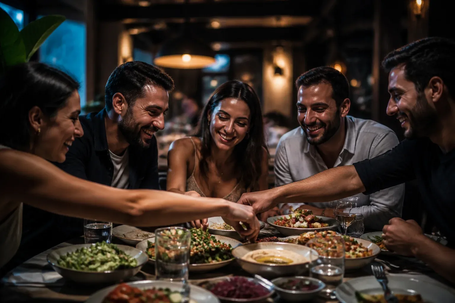 חברים יושבים סביב שולחן במסעדה, צוחקים וחולקים מנות גדולות