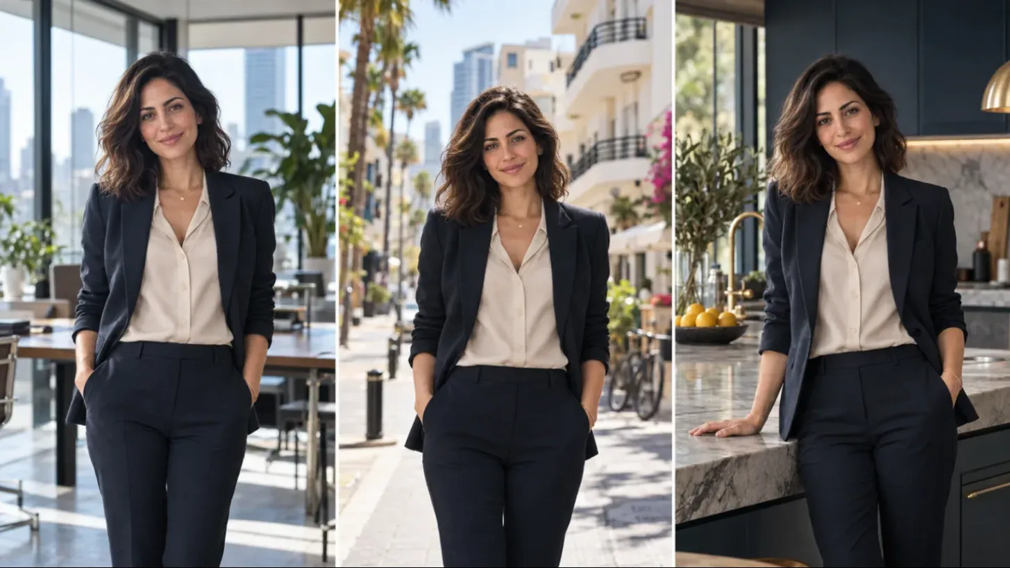 אותו פרזנטור AI מופיע בשלושה לוקיישנים שונים: משרד, רחוב עירוני ומטבח