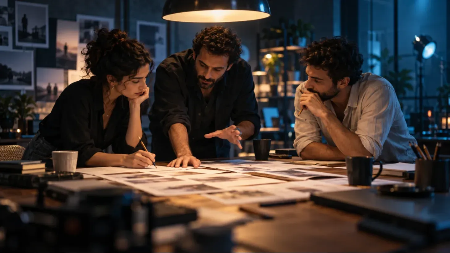 במאי ואנשי צוות עוברים על תסריט מודפס סביב שולחן עבודה