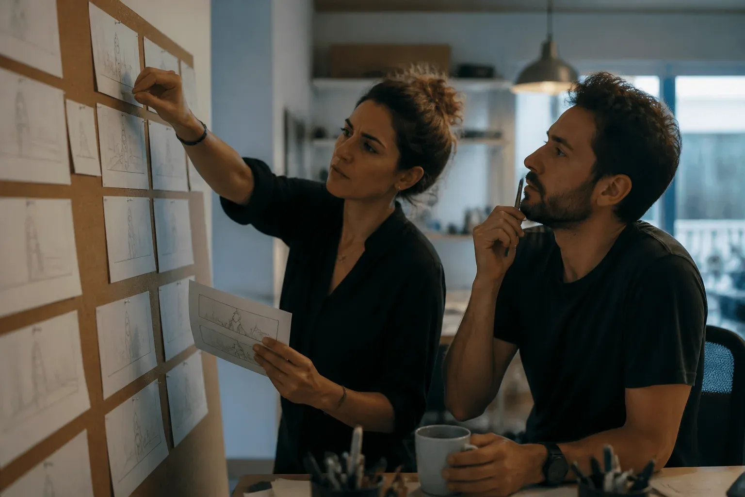 במאית ותסריטאי מתכננים סצנות סביב לוח כרטיסיות בסטודיו