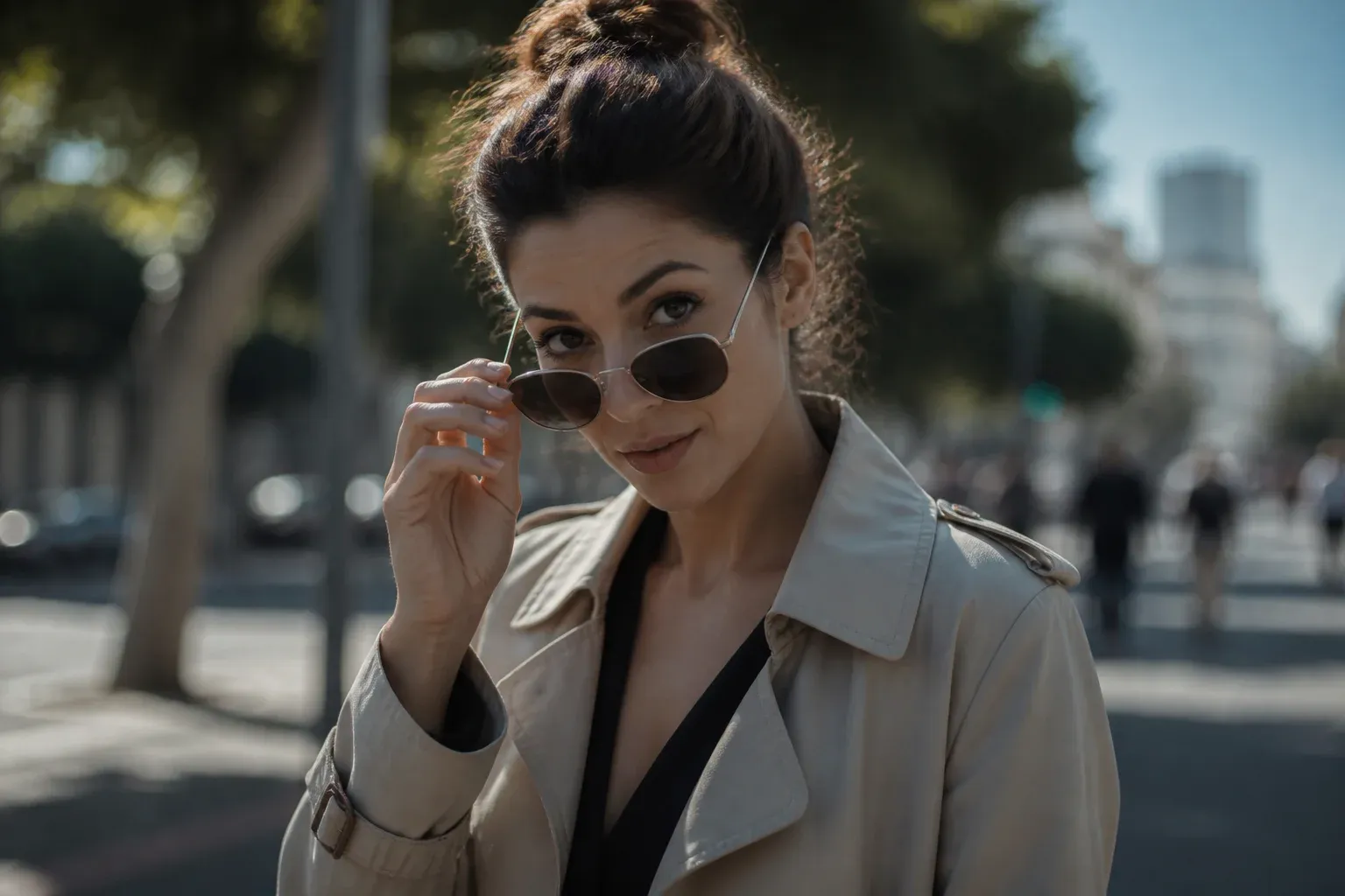 אישה מורידה משקפי שמש ומרימה גבה בהפתעה ברחוב עירוני