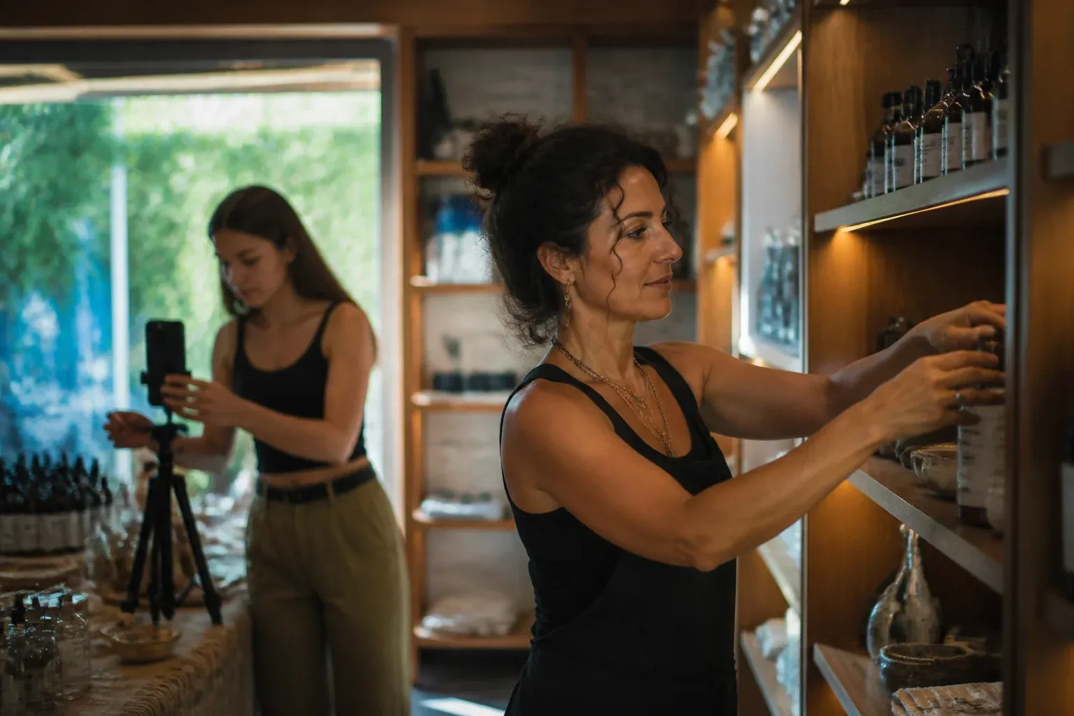 בעלת חנות בוטיק מסדרת מדף בזמן שעובד מכוון טלפון על חצובה ברקע