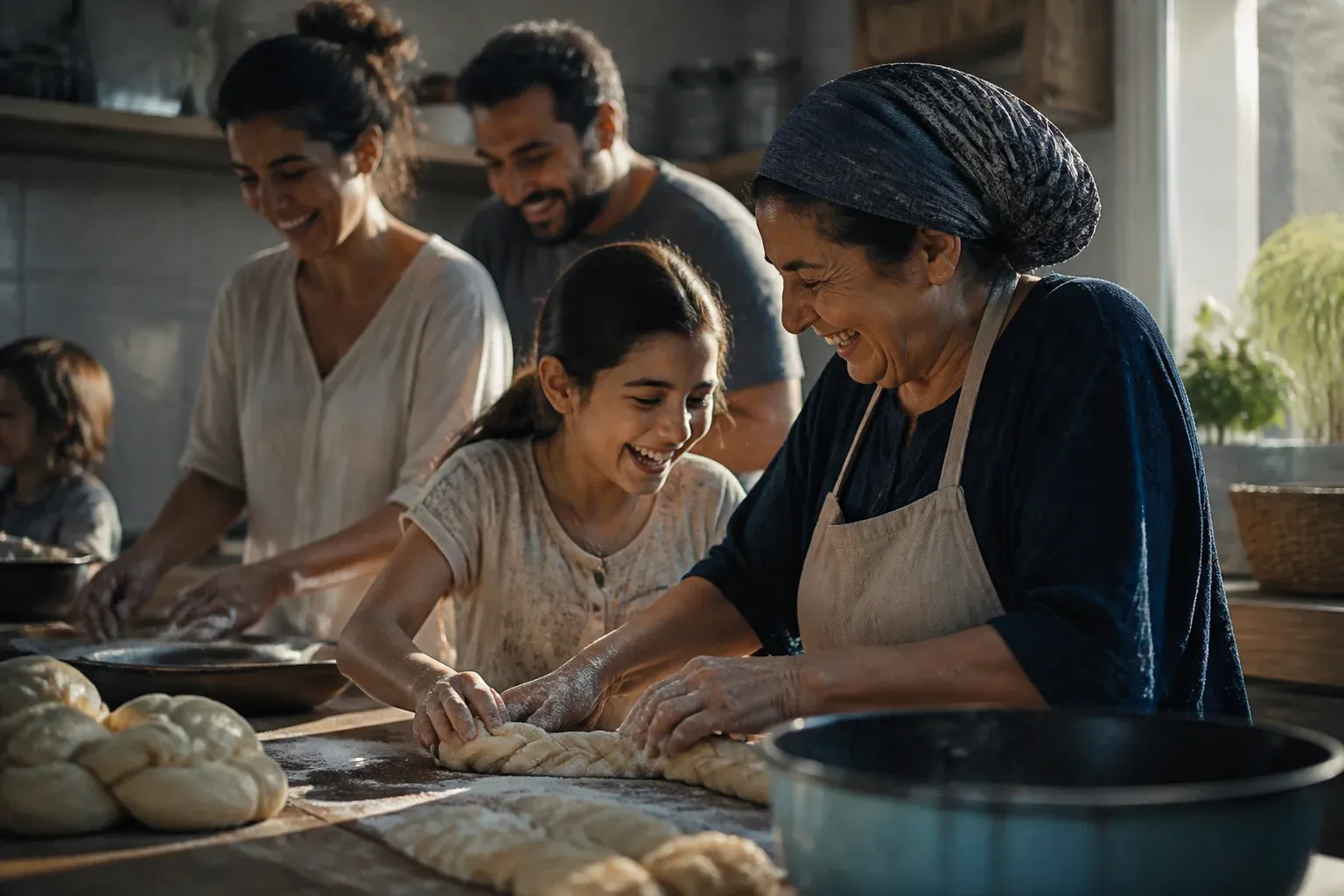 משפחה צוחקת יחד במטבח בזמן הכנת ארוחת חג עם אור חלון חם