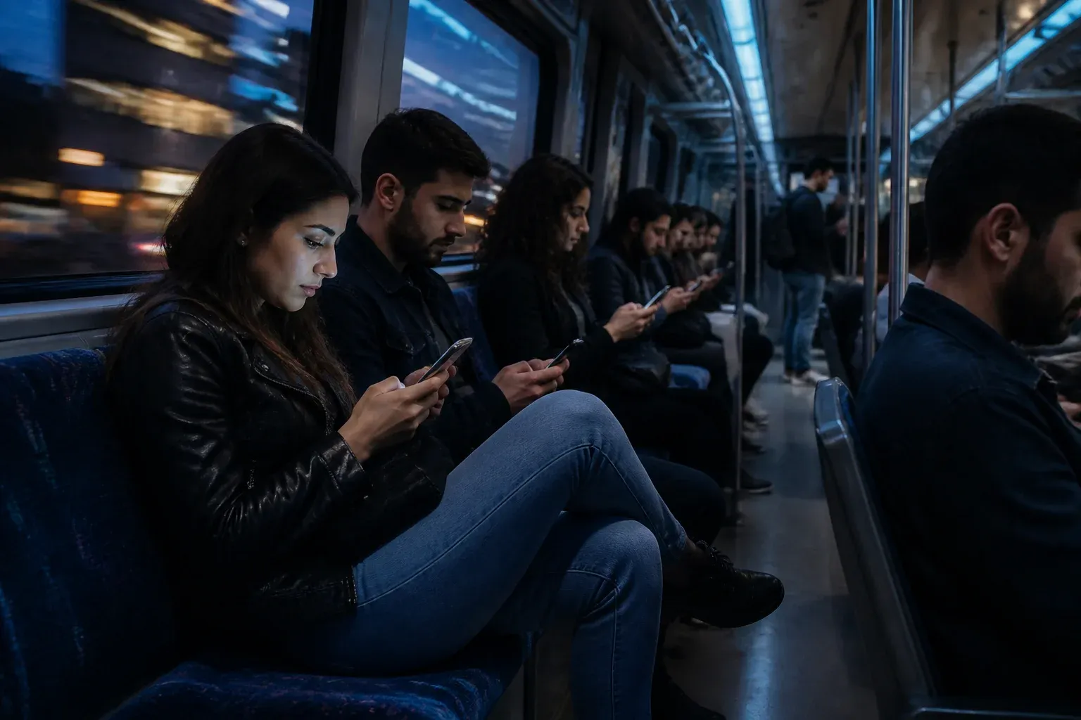 אנשים צופים בסרטון על מסכי טלפון בזמן נסיעה ברכבת עירונית