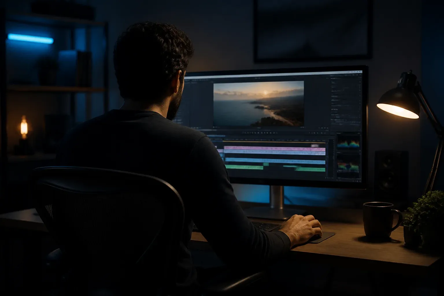 עורך וידאו עובד בחדר עריכה חשוך עם ציר זמן צבעוני על מסך גדול